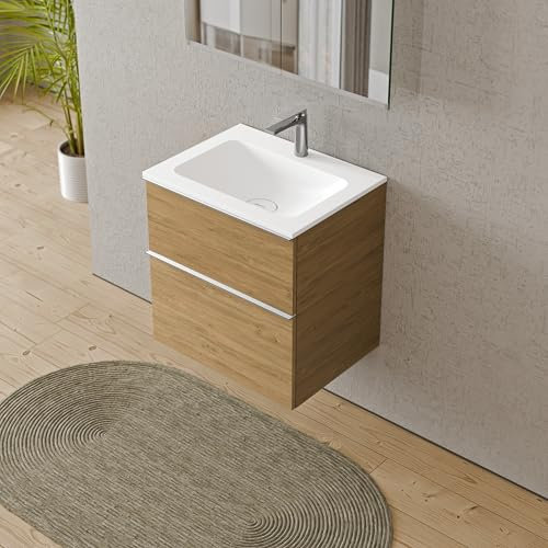 Bernstein Badmöbel-Set Lavoa, Waschtisch-Unterschrank mit Waschbecken 60cm in Eiche - Cream - Weiß matt mit Hahnloch - 2 Schubladen, Griffe in Chrom, vormontiert, 5 Jahre Garantie