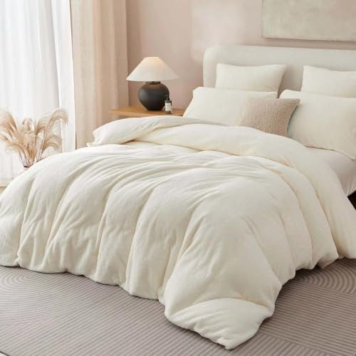 Lanqinglv Plüsch Bettwäsche 155x220 Teddy Fleece Weiß Flauschige Bettwäsche Set Cashmere Touch,ÖKO-TEX Warme Winterbettwäsche Thermo Wende Bettbezug und 1 Kissenbezug 80x80 cm mit Reißverschluss