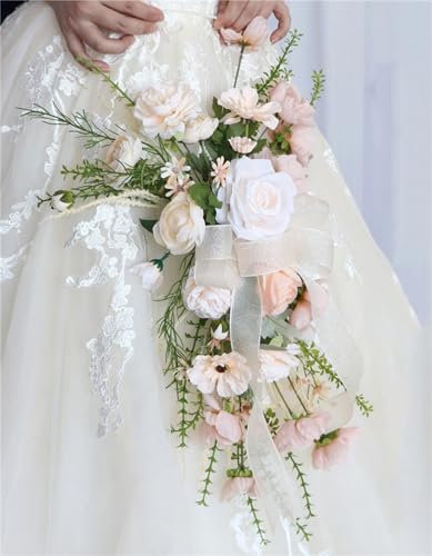 Hochzeitssträuße, Brautstrauß 17,7 Zoll künstlicher Champagnerrosen-Brautstrauß, hängende Blumen mit Perlenkette, Kaskadensträuße for die Hochzeitszeremonie
