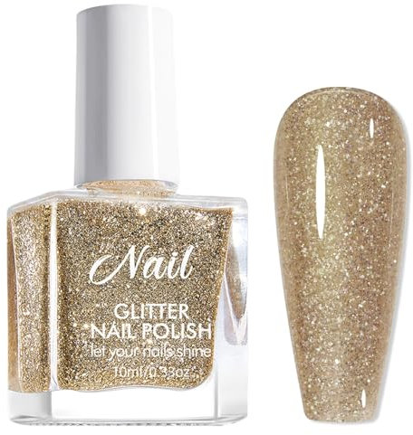 Gold Glitter Nail Varnish, Flash Nail Polish, Long-lasting Quick Dry Nail Varnish, Nail Polish Gel Low Odor Without UV Lamp Non-Toxic For Women Home DIY Nail Art Gift (Champagne Gold, 10ML)