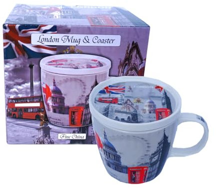 Taza de recuerdo de Londres con tapa, taza de té y café de cerámica con monumentos famosos y diseño icónico del horizonte de Londres
