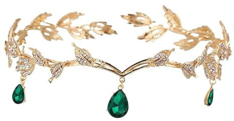 XoeLLe Elfenkrone, Prinzessin Crystal Crown, Vintage Grün Strass Diadem, Kristallperlen Stirn Kopfschmuck, Tiara für Hochzeit Braut Motto Party Karneval Cosplay Festival Kostüm Zubehör Grün
