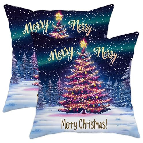Kissenbezug mit Aufschrift Merry Christmas, bunter Baum, Winterferien, weicher Samt, Weihnachtsdekoration für Zuhause, Sofa, Schlafzimmer, Wohnzimmer, 45,7 x 45,7 cm
