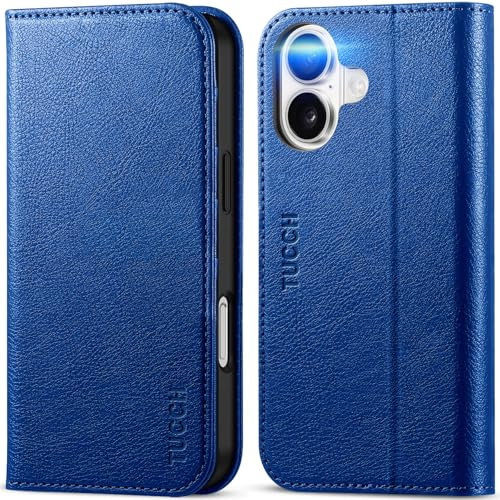 TUCCH Wallet Case for iPhone 16 (6.1) 2024 5G, PU Leather Phone Case with[RFID Blocking][Card Slots][Shockproof TPU]Viewing Stand, Book Folio Stand Folding Cover Compatible with iPhone 16, Klein Blue