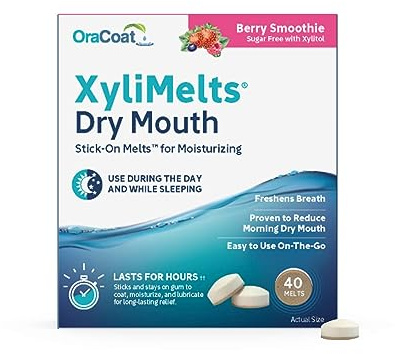 XyliMelts Dry Mouth Relief Discs Berry Smoothie (40 Count) | Xylitol Oral Adhering Tablets, For Day or Night, Long-Lasting Dry Mouth Relief, Saliva Support