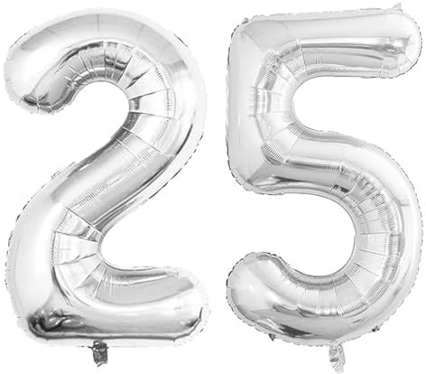 Geburtstags-Zahlenballons XXL-Riesen-Folienballons 40 Zoll – 101 cm Luftballons Geburtstag Jungen Mädchen Babyparty Geburtstagsdekorationen Jubiläumsparty-Dekorationen (Silber, 25)
