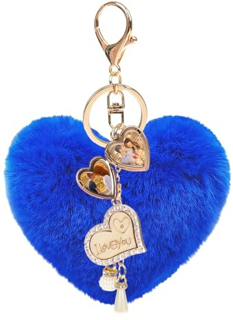JK Home Porte-Clef Personnalisé Coeur Porte-clé Photo Pendentif Pompon | en Peluche Cristal avec Boîte pour Voiture Sac à Main Saint-Valentin Noël