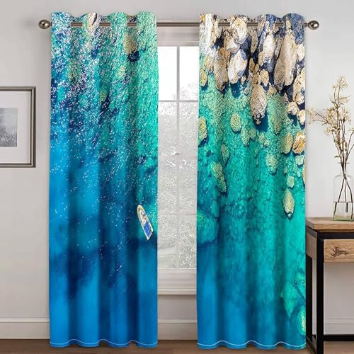 Mesnt Thermogardinen mit Ösen, 107x183cm Blau Braun Meeresfelsen und Schiff Verdunklungsvorhänge mit Ösen