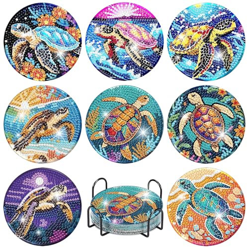 8 Stück Diamond Painting untersetzer with Holde- Turtle Design DIY Bastelset für Basteln Erwachsene & Anfänger, für Wohndekoration (Geschenkidee zum Geburtstag/Weihn)
