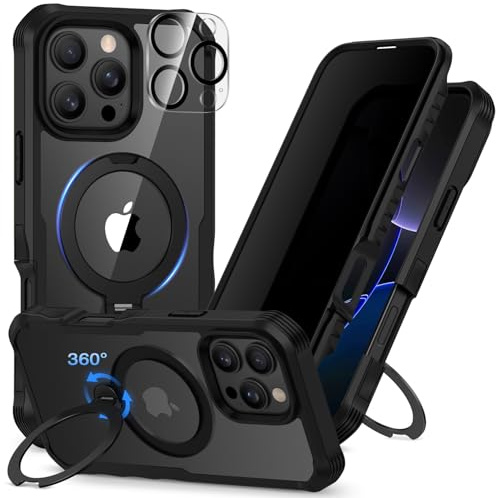 CENHUFO Compatible with iPhone 16 Pro Case Built-in Privacy Screen Protector with Camera Lens Protector, Clear Back Cover with 360° Spin Magnetic Ring Kickstand for iPhone 16 Pro Privacy Case -Black