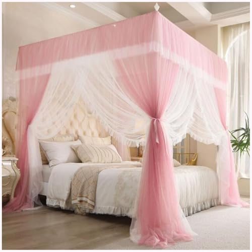 Moustiquaire carrée avec 4 poteaux d'angle et Cadre, moustiquaire pour lit de Princesse, moustiquaire de Sol à Double Voile,Rose,1.2 * 2.0m