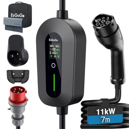 EzGoGo Mobile Wallbox 11kW, 7m, 6-16A mit Einstellbarer Ladeleistung | Ladekabel e Auto CEE 16A 400V auf Typ 2 Ladekabel, 3-phasig, Einstellbare Ladezeit, IP65 Wasserdicht, EV-Charger für BEV/PHEV