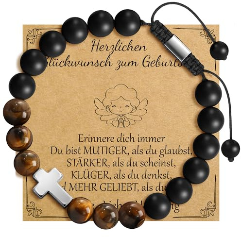 RMMD Bracelet cadeau de baptême, communion, confirmation pour garçon, bracelet en forme de croix avec œil de tigre, cadeau d'anniversaire pour fils, petit-fils