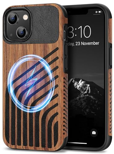 TENDLIN Compatible with iPhone 13 mini Case Wood Grain with Carbon Fiber Texture Design Leather Hybrid Slim Case (Compatible with MagSafe) Hairline