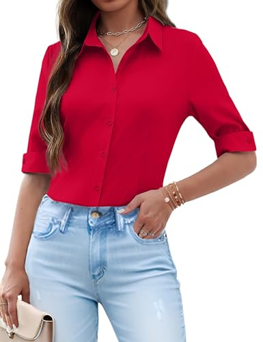 Zeagoo Chemisier Femme col en v Chemise à Manches Courtes Boutonnée Blouse | Chic Et Élégant Chemisier | Solide Classique Shirts | Business Top | pour Travail Décontracté | XS-2XL