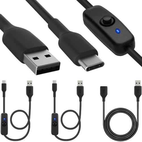HAAMNING7 Cable de carga USB C a USB con botón de encendido/apagado, cable de extensión USB tipo C macho a macho con botón de encendido/apagado, para ventilador USB, LED(paquete de 2)