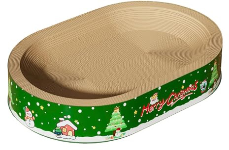 FJMQHU Griffoir Chat Panier Ovale Carton Corrugué Design Thème Arbre de Noël Base Épaissie Limite Les Dégâts de Griffures pour Scène de Fête et Ma, L