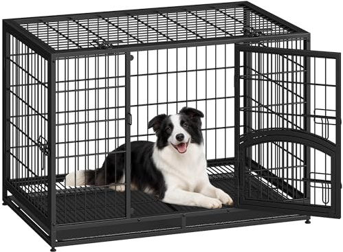 Fobyfurny Hundekäfig Hochbelastbar, XL Gitterbox, 107 x 70 x 75 cm Schwarz | 4-Türige Hundebox Metall, Seitentür und Herausnehmbare Bodenschale, Leicht zu Reinigen, Haustierkäfig für Zuhause