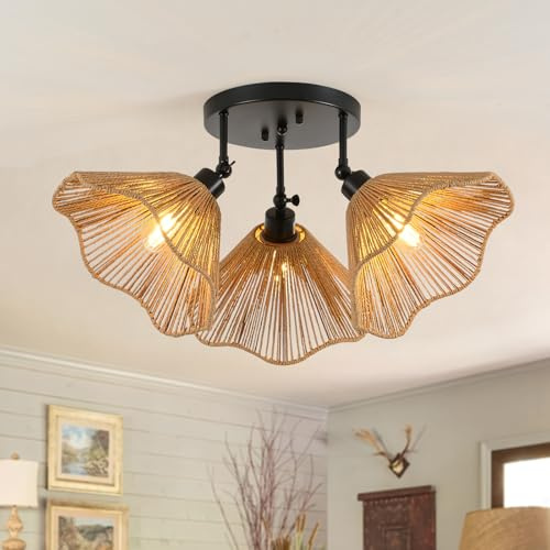QAREHL Boho Plafonnier de Cuisine, Luminaire de Plafond en Rotin 3 lumières