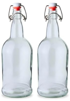 FastRack Swing Top Glass Bottles 33 oz – Pack of 2 | Clear Flip Top Glass Bottles with Airtight Lids | Resealable Swingtop Fermentation Bottles for Kombucha, Beer, Mead, Soda & Water