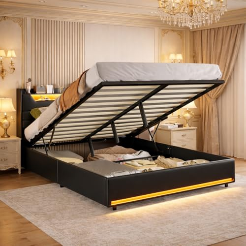 Boxspringbett 160x200 cm mit Stauraum-Kopfteil, Jugendbett mit Lattenrost, Polsterbett Doppelbett mit LED und USB, Hydraulisch Stauraumbett mit Bettkasten, PU, Schwarz, Ohne Matratze (160x200cm)
