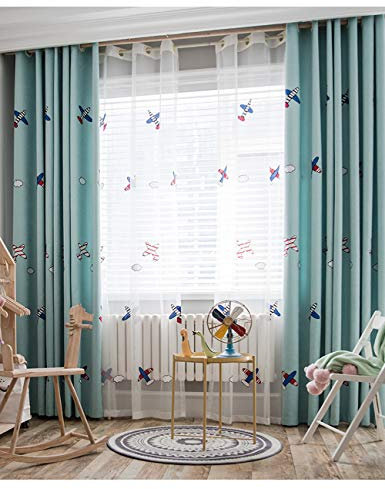 Lactraum Vorhänge Kinderzimmer Junge Transparent Weiss mit Ösen Stickerei Flugzeug Voile 200 x 245 cm