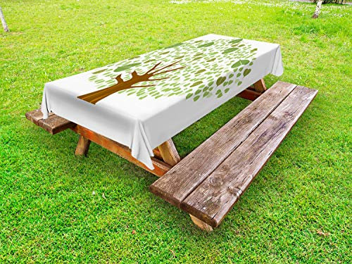 ABAKUHAUS Baum Outdoor-Tischdecke, Fig Bodhi Leaves, dekorative waschbare Picknick-Tischdecke, 145 x 305 cm, Grün Braun und Weiß