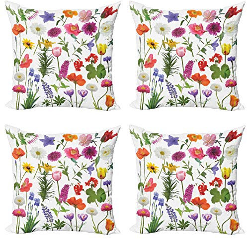 ABAKUHAUS Blume Dekokissen Kissenbezug 4er Pack, Farbige Rosen Tulpen, Modern Accent Doppelseitiger Digitaldruck, 50 x 50 cm, Rosa Grün