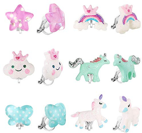PinkSheep Bling Clip On Ohrringe für Kleine Mädchen, Einhorn und Regenbogen Design, 6 Paar, Bestes Geschenk für Kinder