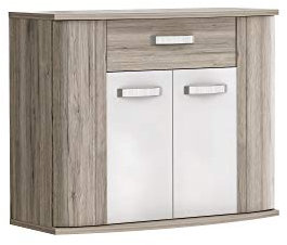 FORTE Rondino Kommode mit 2 Türen und 1 Schublade, Holzwerkstoff, Sandeiche / Weiß Hochglanz, 99,7 x 81,5 x 43 cm