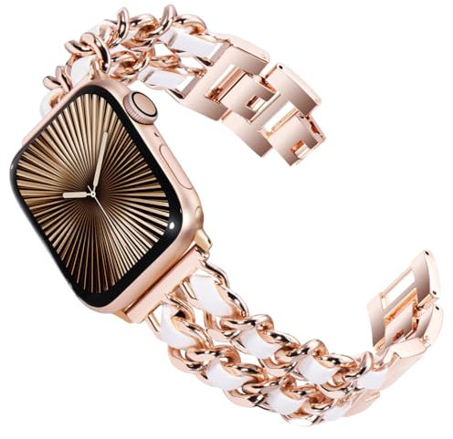KADES 46mm 45mm 44mm 42mm(Series 3) Compatible avec bracelet Apple Watch, Bracelet en acier inoxydable pour femme, style chaîne, compatible avec iWatch SE,Series 10/9/8/7/6/5/4/3/2/1,Or rose/blanc