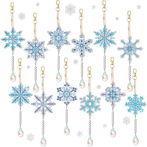 Anyingkai 12 Stück Diamond Painting Schneeflocken Anhänger, Weihnachten Deko, 5D Schlüsselanhänger Set für Weihnachtsbaum und Fenster