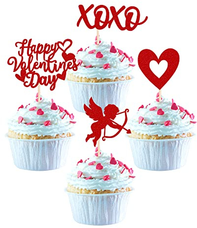 SYKYCTCY 48 Pack Happy Valentine's Day Cupcake Toppers Red Glitter XOXO Sweet Love Be Mine Valentines Cupcake Picks Valentine's Day Theme Wedding Bridal Shower Birthday Party Cake Decorations Supplies