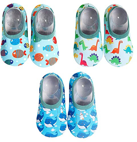 FedMois 3 Paia Calzini Scarpe Antiscivolo Calze a Pantofola Cotone Bimbi Bambini, dinosauro, pesce e balena, taglia 24/25