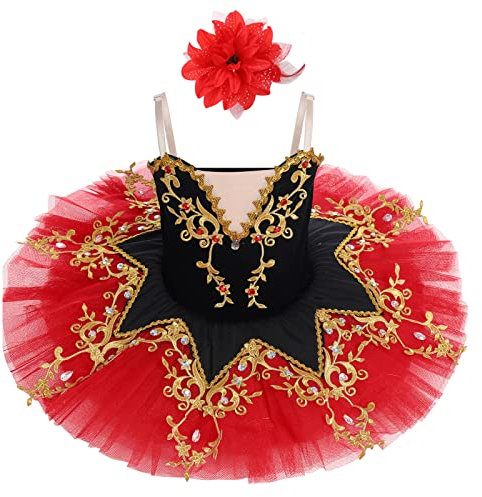 IBAKOM Mädchen Ballettkleid Spaghettiträgern Ballett Tanzkleid Schwanensee Spitze Perlen Camisole Trikot Turnanzug Tutu Kostüm Eiskunstlauf Tanzkleidung Ballerina Outfit Rot+Schwarz 9-10 Jahre