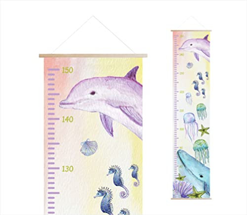 wolga-kreativ Messlatte Massband Messleiste mit Holzaufhängung für Kinder Maritim Unterwasserwelt Delfin Mädchen Junge Kinderzimmer Geschenk Baby Taufe Geburt Babyzimmer