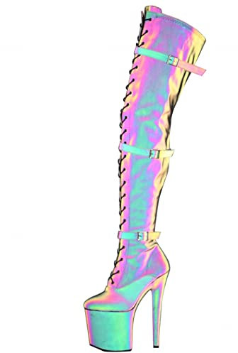 High Heels sexy 20 cm reflektierender, farbwechselnder Stiletto-Pole-Dance-Overknee-BO,Black-37