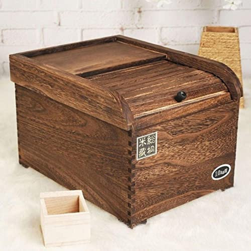 NIBHZ Wooden Rice Container Storage Rice Dispenser Rice Storage Containers with Sliding Lid and Measuring Cup,Large Wooden Cereal Dispenser Bamboo Rice Dispenser,Brown-15KG