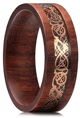 King Will NATURE 8mm Sandalwood Inlay Rose Gold Celtic Wedding Engagement Ring Band Comfort fit 14