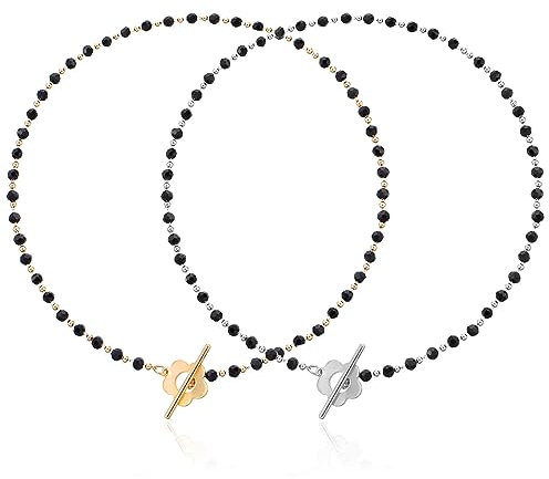 Liitata 2 Pcs Boho Beaded Choker Necklace Flower Lock Chain Necklace Black Beads Necklace Short Beaded Clavicle Necklace for Women Girls - Gold Silver