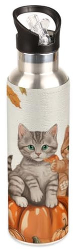 Borraccia termica autunnale con gatti e zucca con coperchio con cannuccia, 590 ml, borraccia sportiva a doppia parete, in acciaio inox, senza BPA, a prova di perdite, in metallo, per scuola, sport,