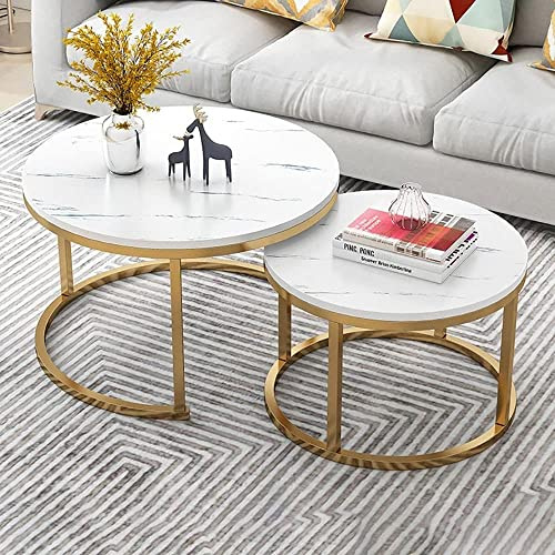 GArcan Table Basse Gigogne Moderne Ensemble de 2 Meubles Table Basse Ronde Table Basse avec Plateau en Faux Marbre Cadre en Métal Canapé Table d'appoint Coin Gain de Place pour la Maison Salle à Ma