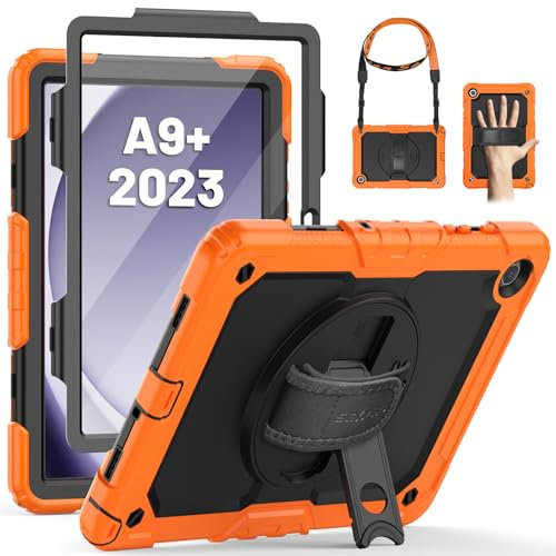SEYMAC Custodia per Samsung Galaxy Tab A9+ / A9 Plus 11 2023, Custodia Tab A9 Plus con Protezione Schermo Supporto Girevole a 360°/Cinghia da Polso, Tracolla, con Portapenne, Arancione