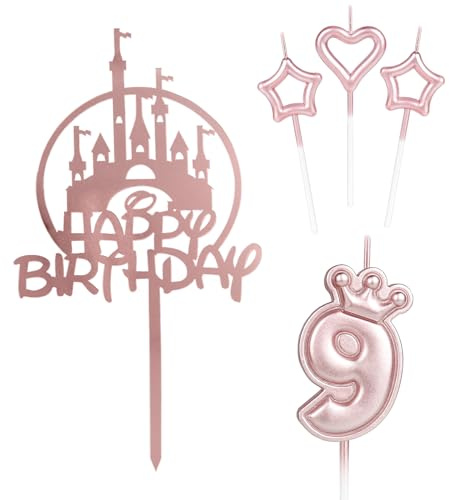 Happy 9th Birthday Candles Cake Toppers, Pink Castle Cake Topper, Crown Number 9 Candle for Cake, Pink Cake Candle Cake Cupcake Topper for Girls Baby Birthday Party 9th Wedding Anniversary Decorations