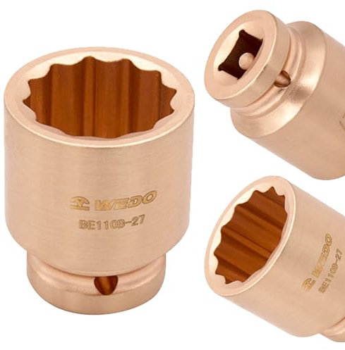 WEDO Non-sparking Shallow Impact Socket,1/2-Inch Drive, Metric,12-Point,Length 50mm,Socket for Easy Removal of Axle Shaft Nuts,Beryllium Copper,Non-magnetic,DIN Standard,BAM & FM Certificate,32mm