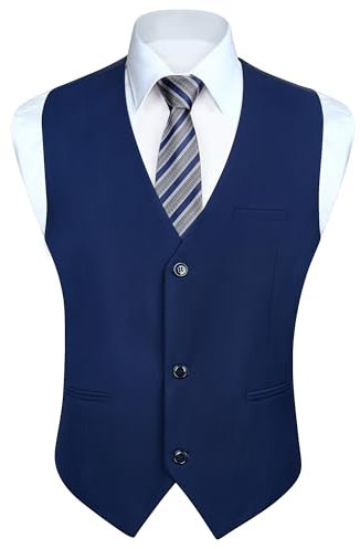 HISDERN Gilet Abito da Uomo Formale Panciotto Blu Uomo Elegante Classico Cotone Matrimonio Panciotti in Tinta Unita Con Tasche L