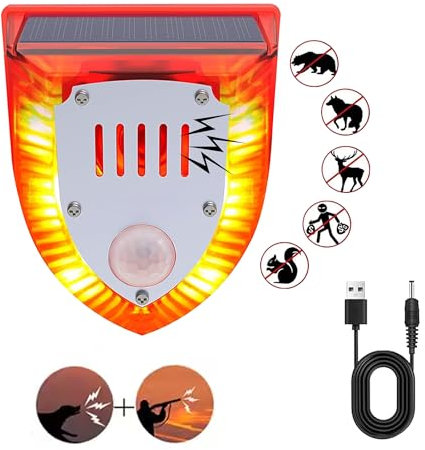 QXMH Détecteur de Mouvement extérieur Solaire : 129 DB, Bruit d'aboiement et de tir, détecteur de Mouvement Puissant, Lampe d'avertissement de Chien Qui aboie (911 V, 1 Paquet)