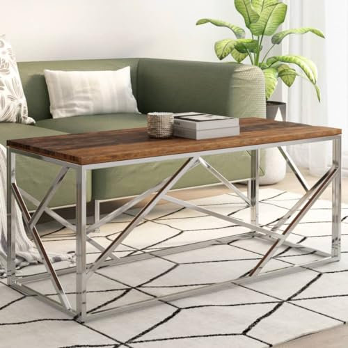 Genérico Mesa baja plateada INOX y madera de alerce macizo, muebles, mesas, mesas bajas y mesas auxiliares, mesas bajas, mesas, plata, 38.21 LB,349941