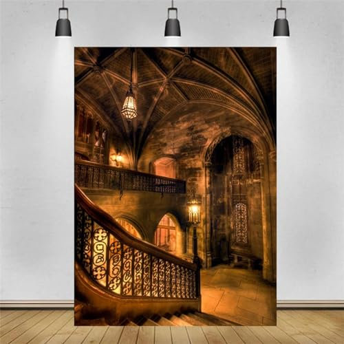 Düsterer Stil Treppen-Fotografie-Hintergrund für gruseliges Vintage-Zimmer Steinwand Treppen-Kerze Halloween-Hintergrund-Poster 440x300CM