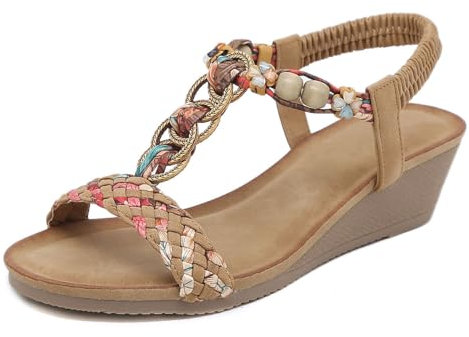 FLtoxu Damen Sommer Bohemian Sandalen mit Keilabsatz S134 (Braun, 39)